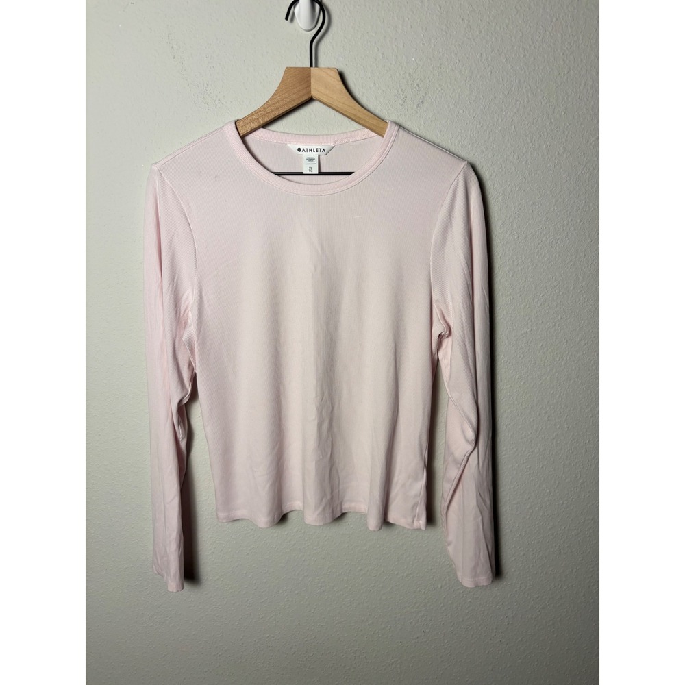 Athleta Signature Ribbed Long Sleeve Tee Light Pink Crew Neck XL